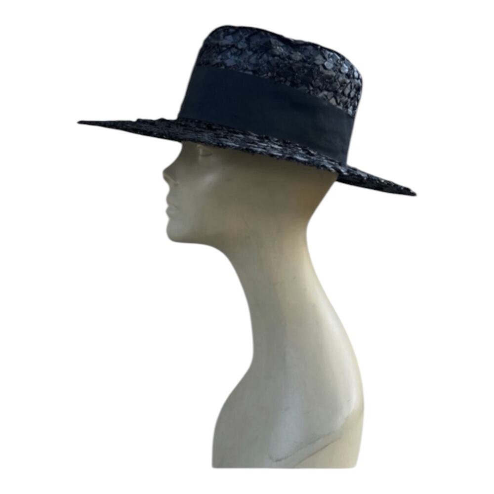 Vintage Black Straw Wide Brim Hat Ribbon Trim Boho Chic Sun Hat With Box - Picture 13 of 13
